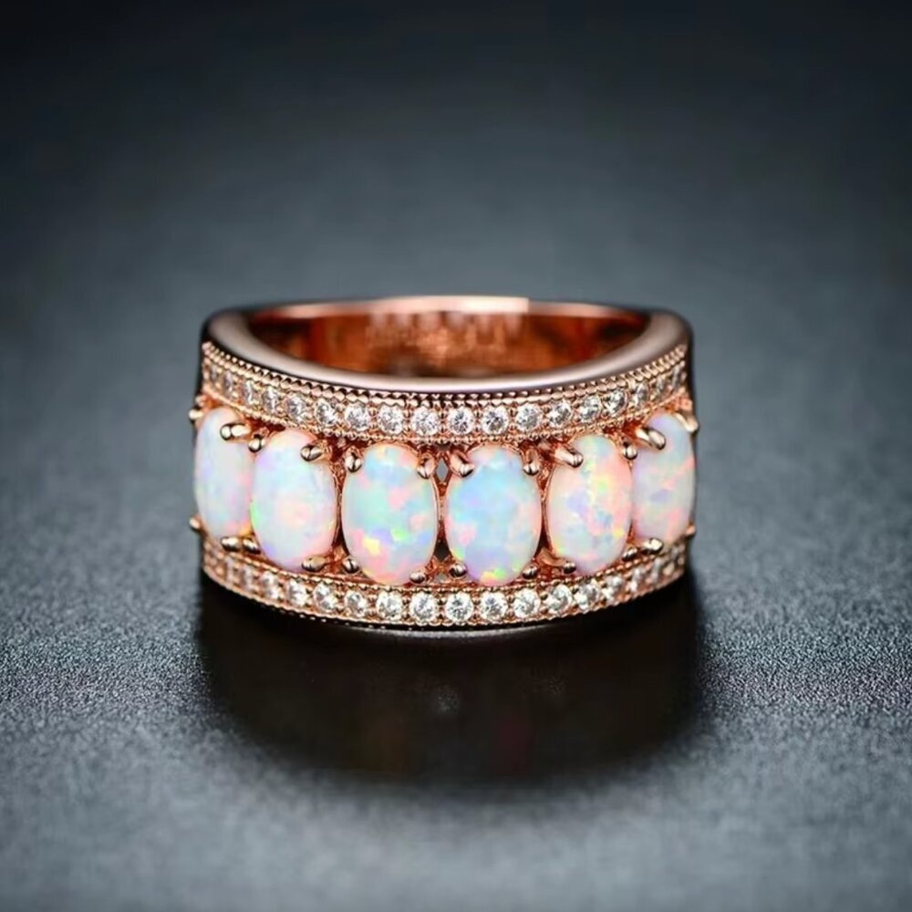 NEW 18k Rose Gold Diamond Opal Ring Band Wide Ring - Picture 2 of 5